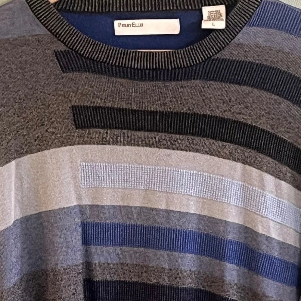 Perry‎ Ellis Blue Black Striped SILK WOOL Blend Preppy Sweater Large Men's Read